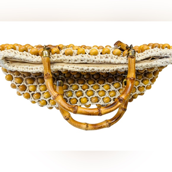Vintage 50s Beaded Handbag brass Bamboo Handle Wicked Weave Made in Japan - Picture 5 of 12